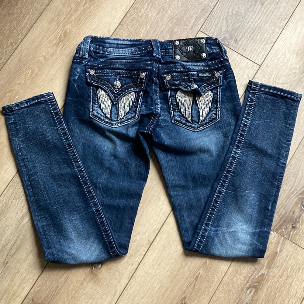 MISS ME Signature Skinny Jeans 26 Bling Angel Wings Thick Stitch Stretch